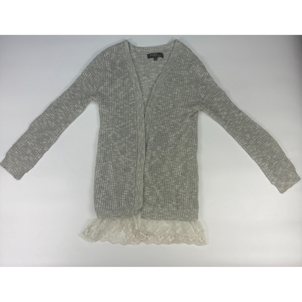Sugar Rush Girls Cardigan Sweater Womens L Gray Stretch Lace Trim Hem Open Front
